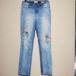 Black Daisy Distressed Floral Embroidered‎ Jeans Juniors size 9